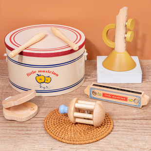 Children's wooden simulation drum rattle ring board harmonica little musician musical instrument sensory suit play house toy