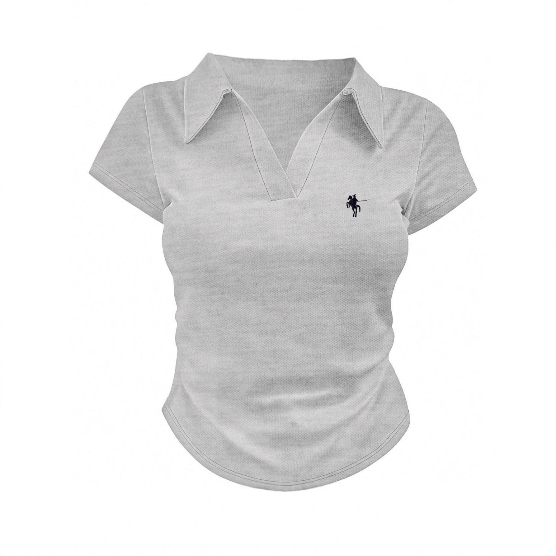 Women's Clothing Slim Fit Polo Shirt Solid Color Collared Short Length Equestrian Embroidery Simple Versatile Women's Top_voghion.com