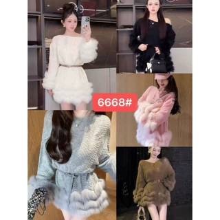 韩国东大门毛绒拼接长袖针织连衣裙女秋季高腰毛衣连衣裙子配腰带