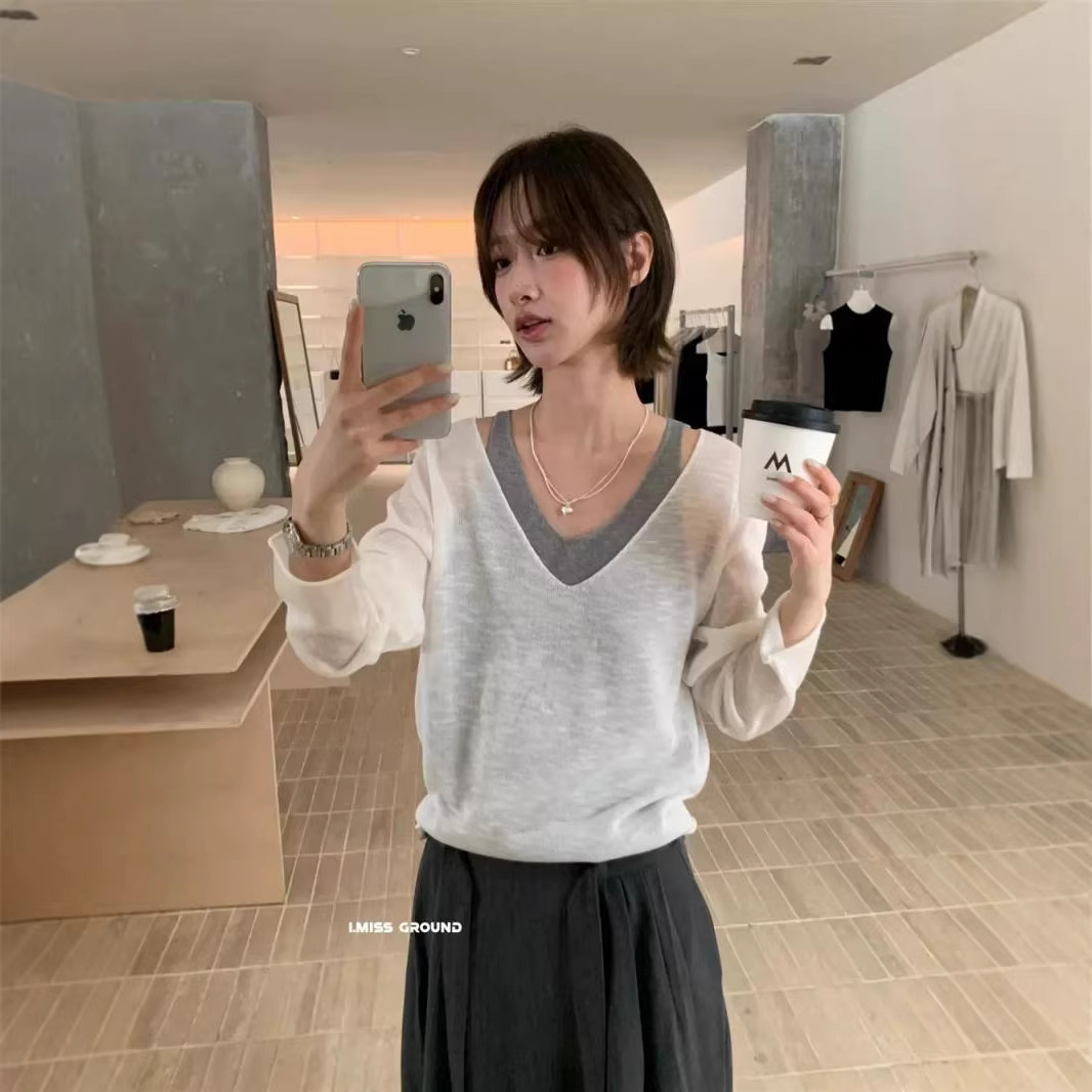 imiss 早春款穿搭！2026韩系小众撞色假两件设计百搭通勤针织衫女