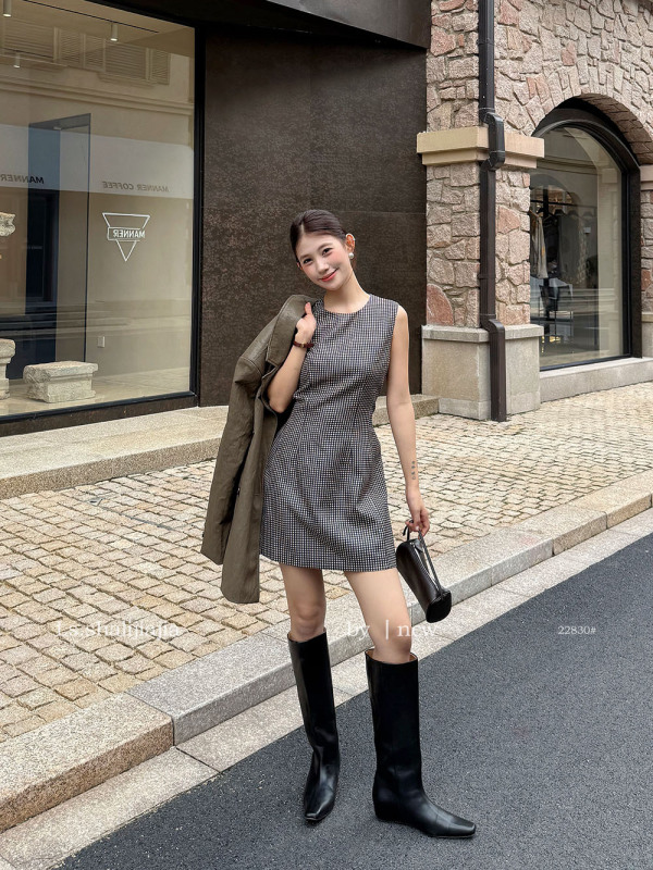 LS 复古优雅格纹背心连衣裙 广州十三行2025早秋新品女装22830#|undefined