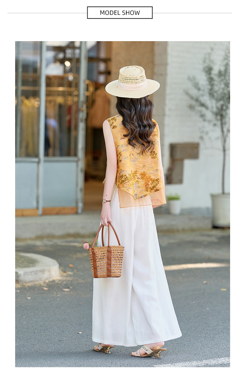 Bộ quần áo nữ hai mảnh gồm áo sơ mi cổ đứng họa tiết jacquard và quần ống đứng — Màu ảnh chi tiết 10