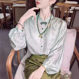 zhen丝绿色百搭上衣女2025早春新款复古提花盘扣新中式长袖衬衫