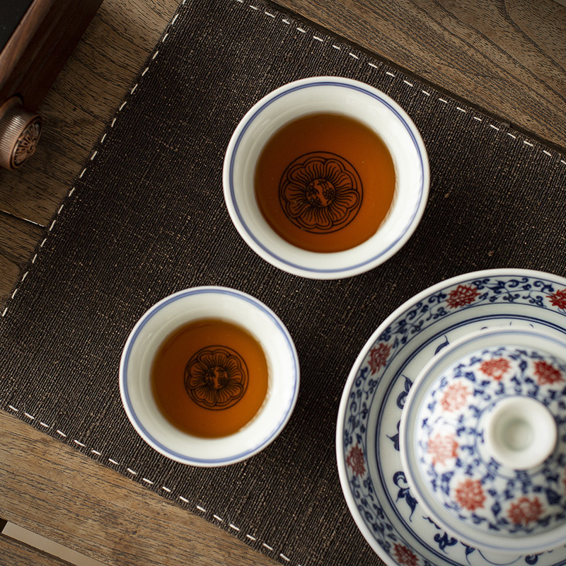 景德镇青花永乐缠芝莲三才盖碗套装泡茶碗陶瓷家用茶碗可悬停礼盒|undefined