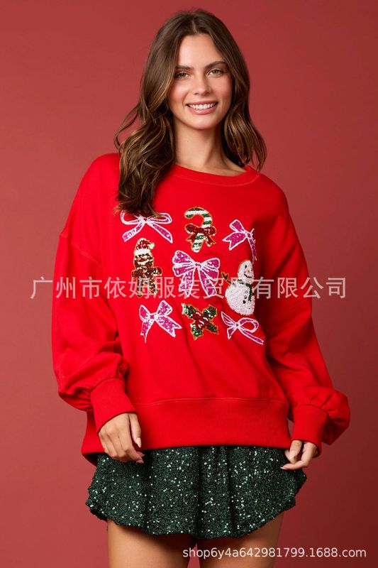 アマゾン秋冬新作欧米クロスボーダー女装クリスマスダブル装飾スパンコール丸襟プルオーバー|undefined