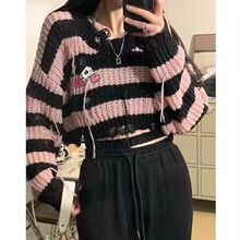 短款条纹小毛衣女春秋新款辣妹纯欲风宽松百搭长袖针织衫别致上衣