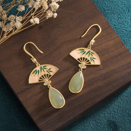 Airyuan Chinese style design ancient gold-plated enamel palace fan inlaid with imitation Hetian jade retro earrings
