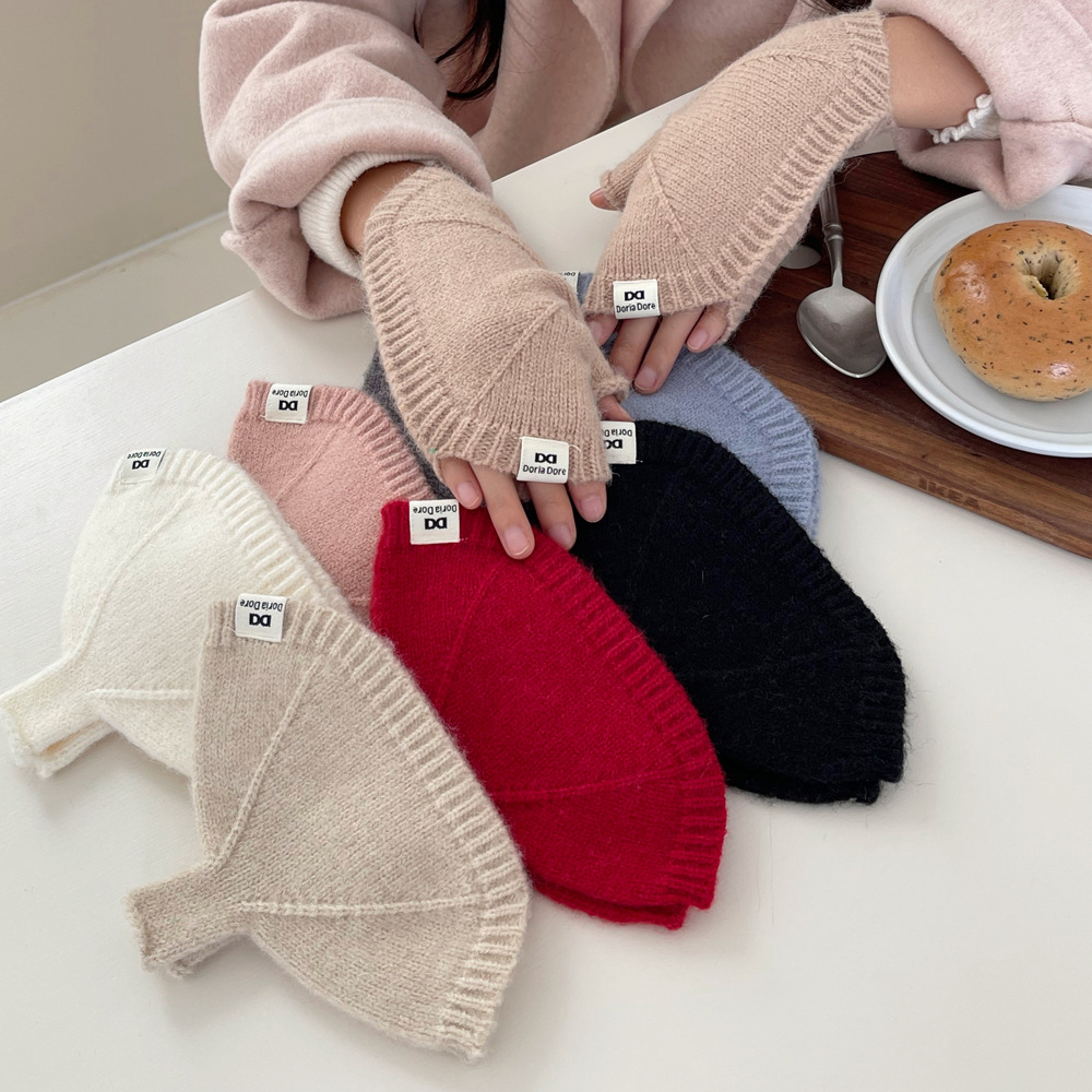 New half-finger solid color gloves for women, winter Korean style, versatile, student-friendly, cute, acrylic knitting, couple-style, men's warm riding