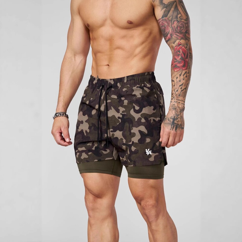Youngla Men's Shorts Sports Fitness 2-in-1 Double Layer Shorts Outdoor Jogging Training Elastic Sports Pants