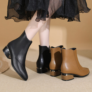 Genuine Leather Short Boots for Women 2025 New Thick Heel Women's Boots Thick Heel Autumn and Winter Mid-Calf Boots Pointed Toe Low Boots S361-2