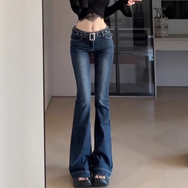 Free Belt Low-Waist Slim Micro-Flared Jeans Autumn New American Hot Girl Retro Slimming Horseshoe Floor-Length Pants