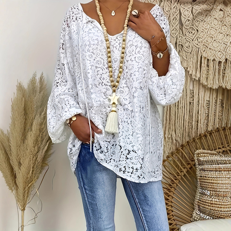 Women's Clothing Casual Fashion Elegant Transparent Solid Color Lace-Up Long Sleeve Lace Shirt Plain Contrast Shirt