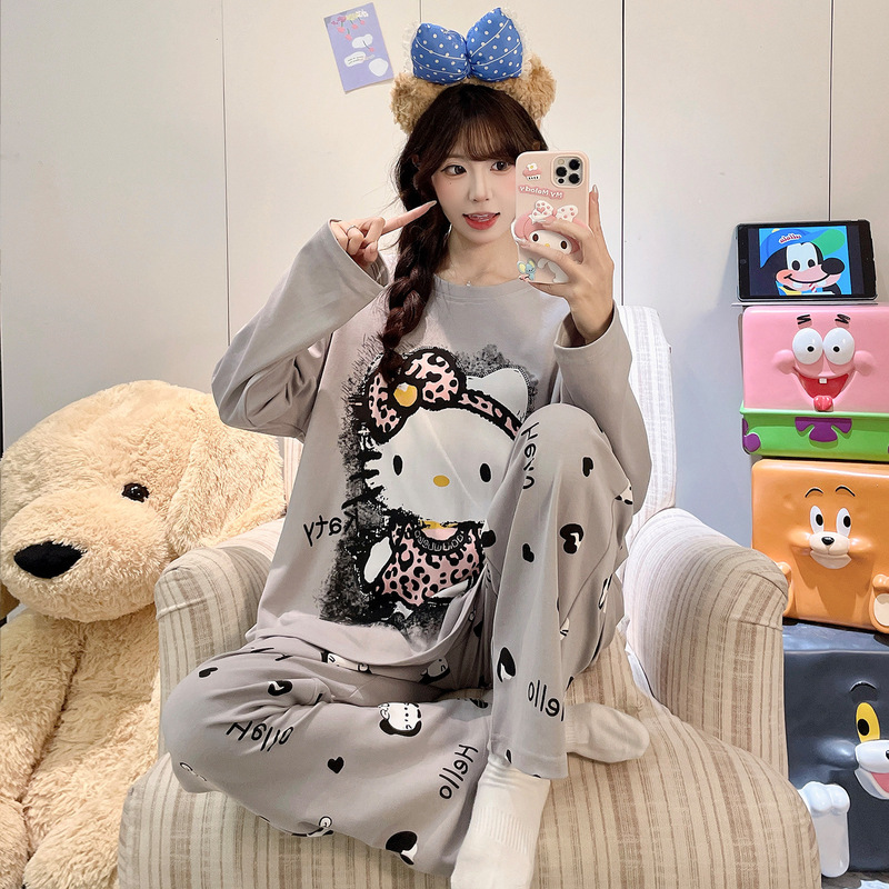 Women's pure cotton pajamas for autumn and winter, cartoon large size pullover long-sleeve set, suitable for junior high school students, can be worn outside, girls' home wear