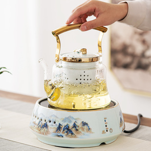 Electric Pottery Furnace National Tide Thousand Miles Jiangshan Ceramic Tea Boiler Kettle Household Health Pot Heat Resistant Flower Tea Pot with Beam Pot
