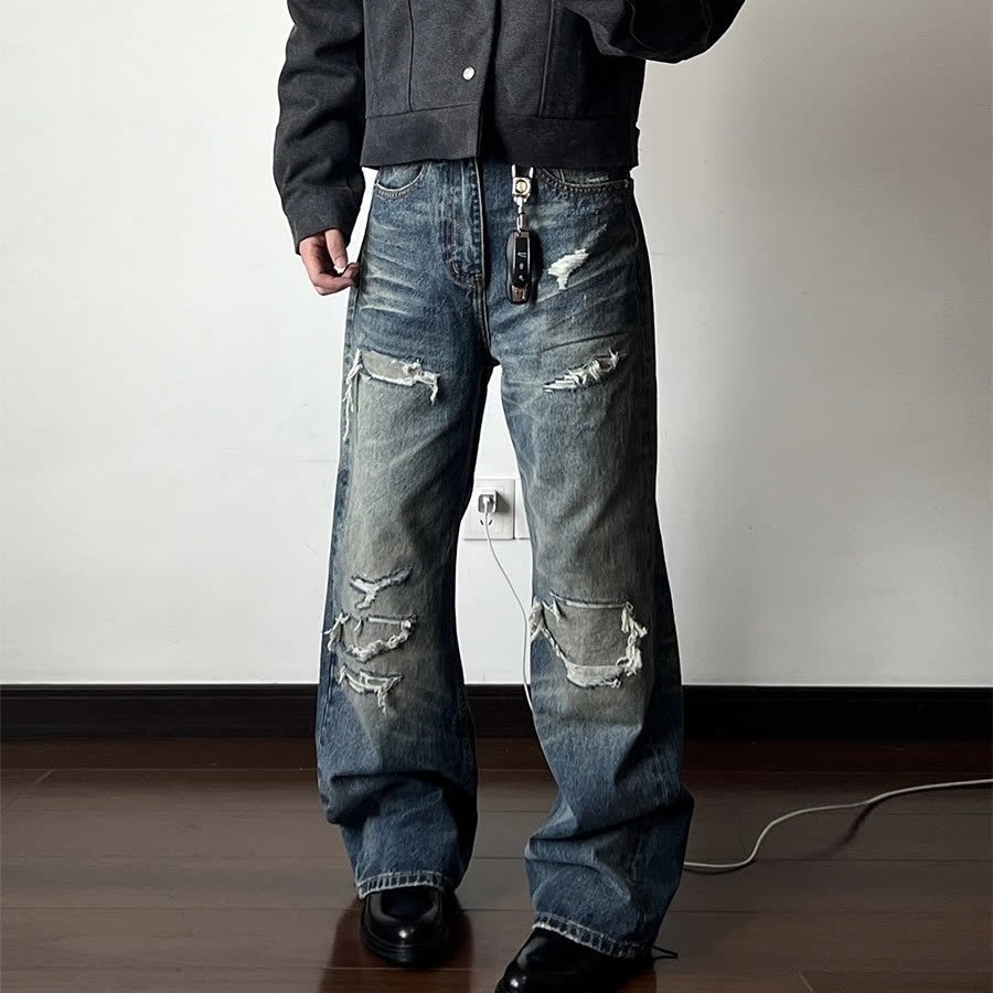 Men's Distressed Washed Denim Jeans With Rip & Frayed Details, Loose Fit Straight Leg Pants, Vintage Streetwear Style For Casual Wear_mkmklike.com