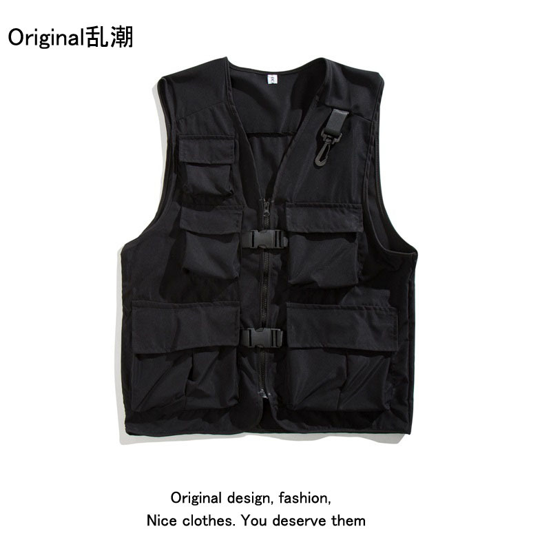 Solid color V-neck multi-pocket workwear vest men's streetwear sports vest loose functional sleeveless jacket