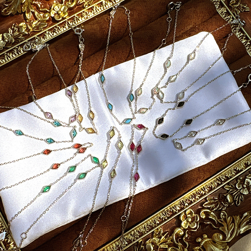 Japanese-Style Light Luxury, Same Style as the Idol'S, White Gold Rhombus-Shaped Colorful Gemstone 925 Sterling Silver Bracelet, Crystal Blue Topaz Bracelet