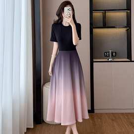 绝美不撞款小香风黑色晕染渐变字短袖连衣裙子夏季大码女装胖