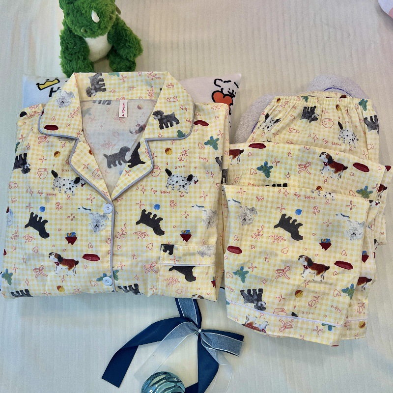 Pijamas de algodón de nube al por mayor transfronterizo, pantalones de manga larga para mujer, solapa, otoño nuevo estilo, linda rebeca, dulce servicio a domicilio, gato kt