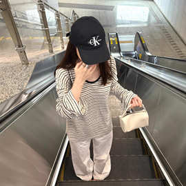 原版色织雪花条纹小众正肩U领条纹长袖T恤女春秋宽松显瘦慵懒上衣