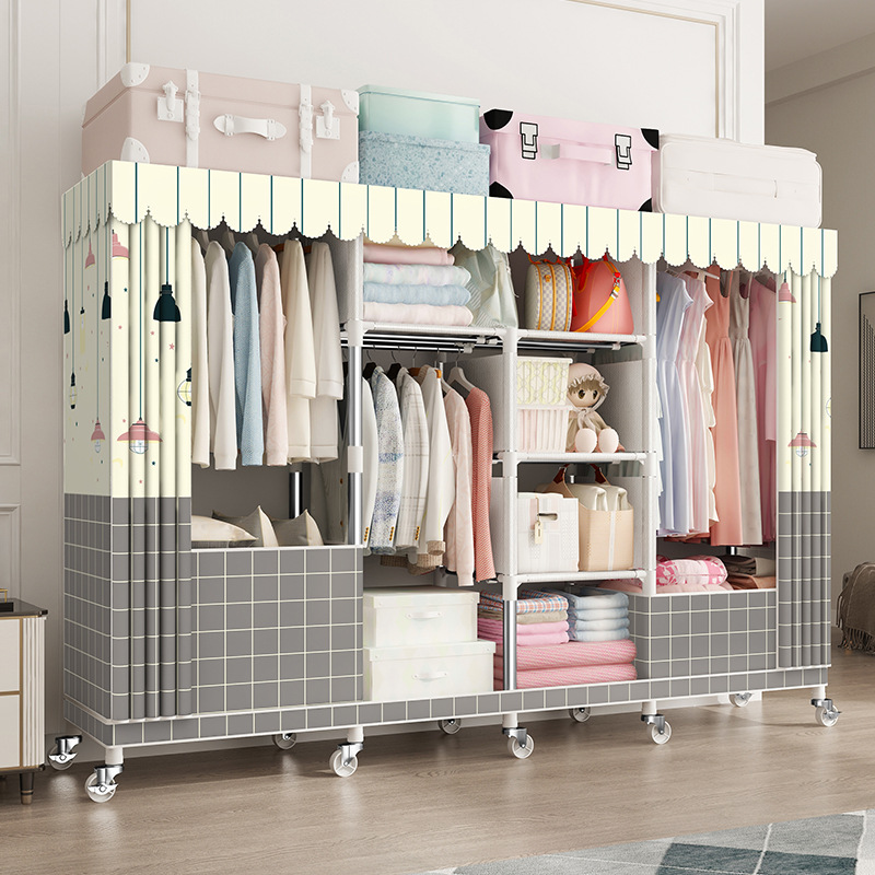 Cremallera completamente cerrado armario de tela simple tubo de acero reforzado en negrita espesado marco de acero completo gabinete de tela de almacenamiento en casa con ruedas