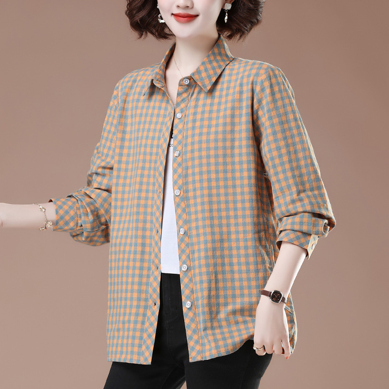 Plus Large Size Women's Cotton Plaid Shirt Jacket Spring and Autumn New Long Sleeve Cotton and Linen Shirt for Middle-aged and Elderly Mothers