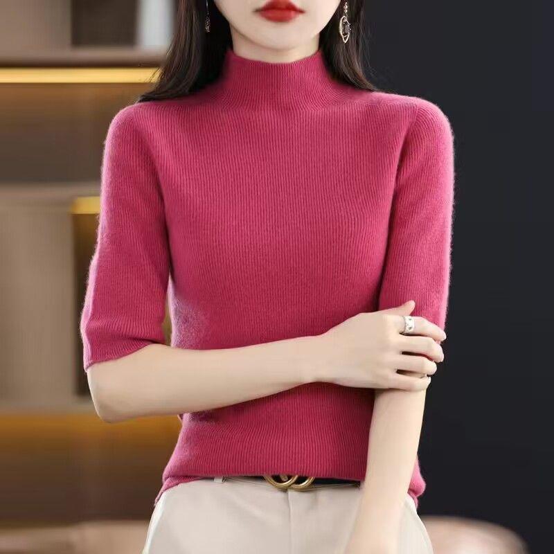女性用の西洋風ボトムシャツ、七分袖、春秋のミッドスリーブ、ハーフタートルネック、スリムで高級な半袖ニットセーター|undefined