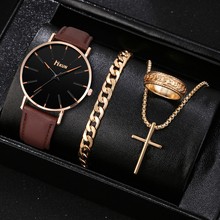 2025跨境新款时尚韩版皮带表男士装饰石英表十字架首饰套装现货