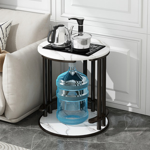 Customized Round Small Apartment Living Room Sofa Side Table with Integrated Kettle, Balcony Tea Cart with Rock Slab Pattern, Solid Wood Tea Table for Cross-Border Sale