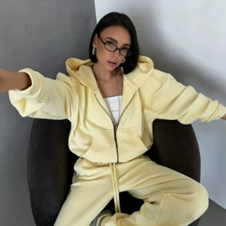 跨境外贸独立站女装新款拉链连帽运动开衫系带长裤两件套休闲套装