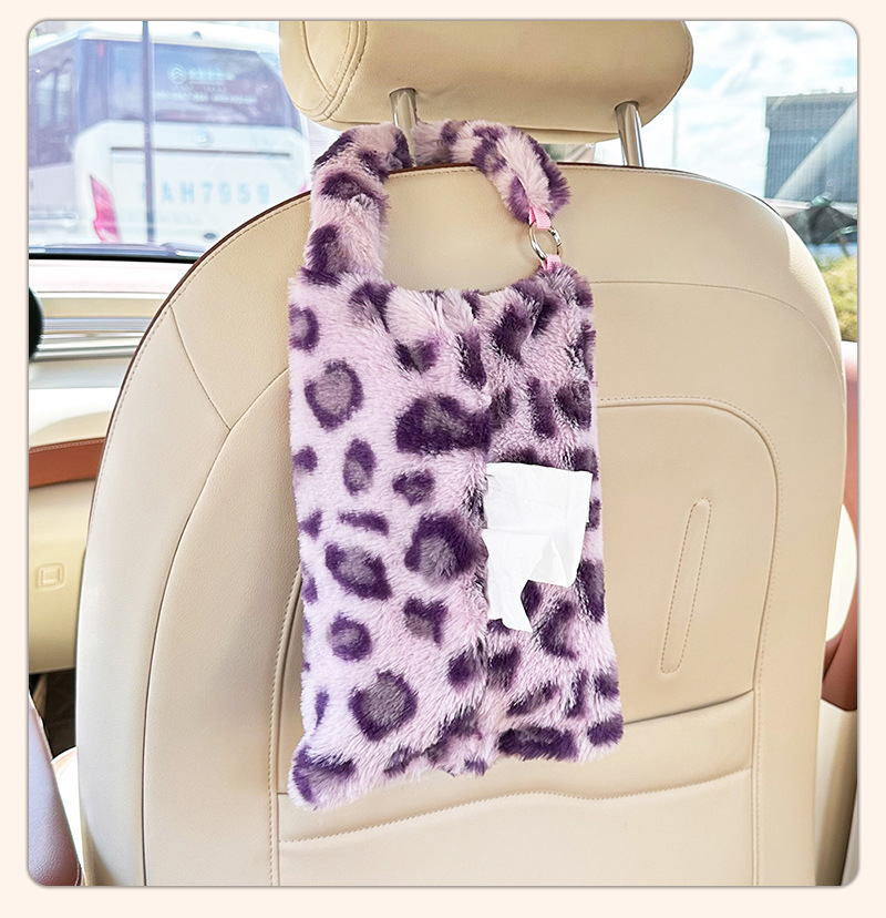 Cross-Border Leopard Print Car Tissue Box Cute Car Interior Decoration Tissue Hanging Bag Plush Hanging Car Seat Tissue Box