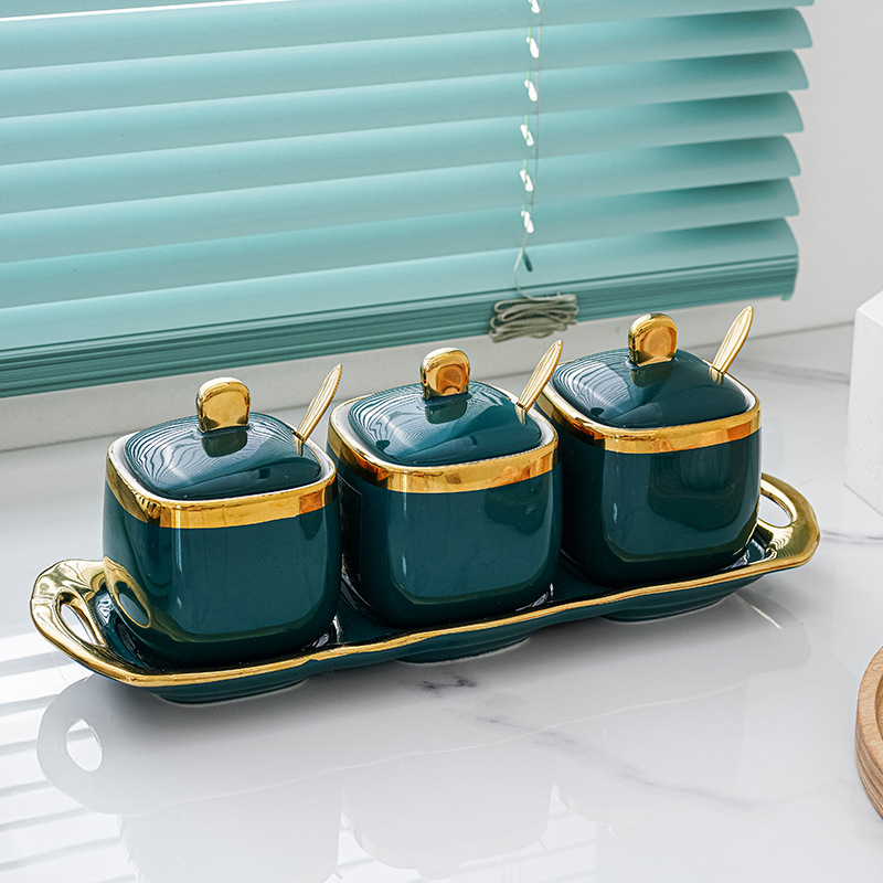 Luz nórdica de lujo cerámica condimento tarro condimento caja creativa sal tarro condimento caja combinación traje de almacenamiento tarro cocina suministros