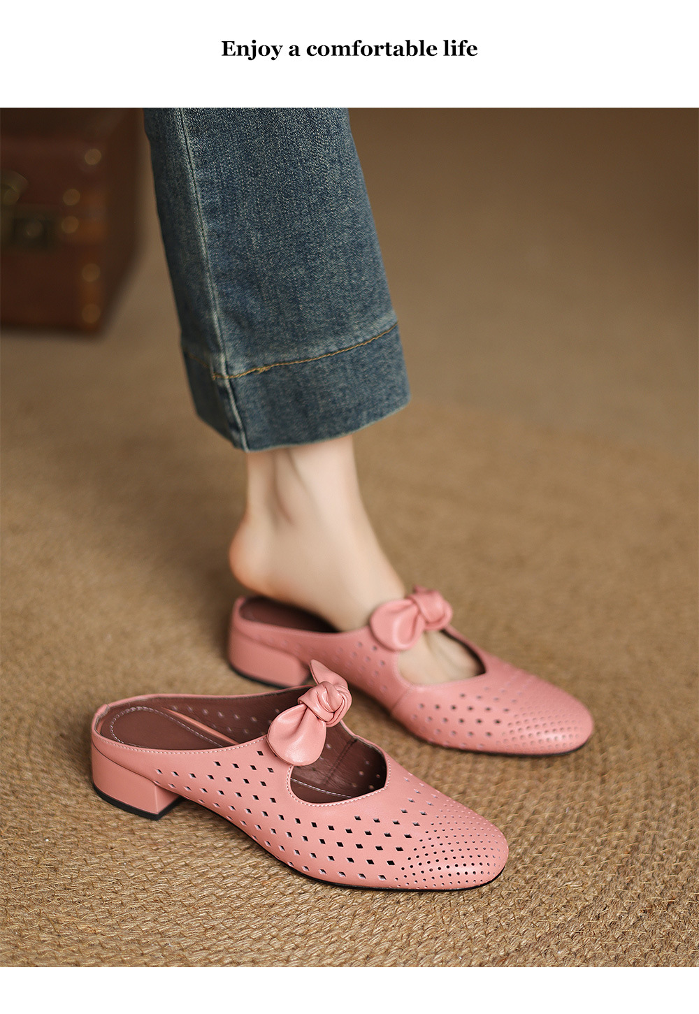 Dép sandal nữ da bò đục lỗ mũi kín quai hậu gót thấp — Màu hồng chi tiết 8