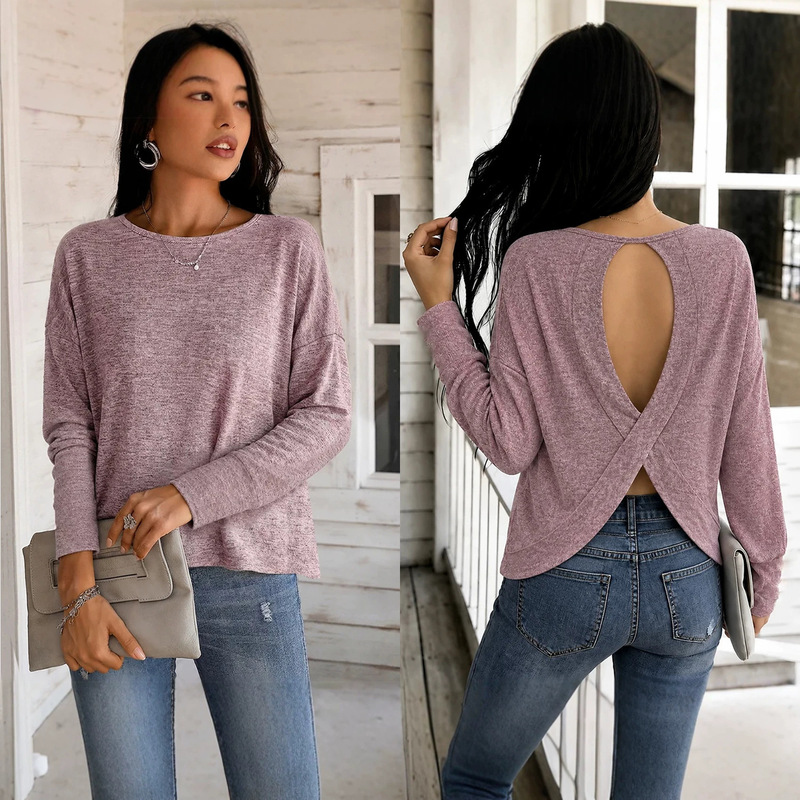 Women's Casual Long Sleeve Top Round Neck Cross Back Hollow Out Shirt Loose Soft T-Shirt Daily Commute Top Women's Casual Long Sleeve Top Round Neck Cross Back Hollow Out Shirt Loose Soft T-Shirt Daily Commute Top