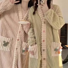法兰绒睡袍女秋冬加厚保暖彩虹套装家居服长款大码甜美珊瑚绒睡衣