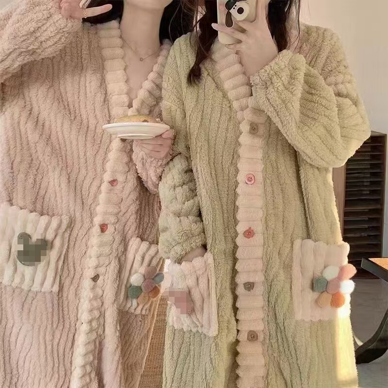 Flannel Nightgown for Women, Autumn and Winter Thickened Warm Set, Home Wear, Plus Size, Sweet Coral Fleece Pajamas, Long Nightdress