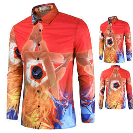 2025外贸新款跨境男士休闲手势3D印花花衬衫长袖花色衬衫花衬衣