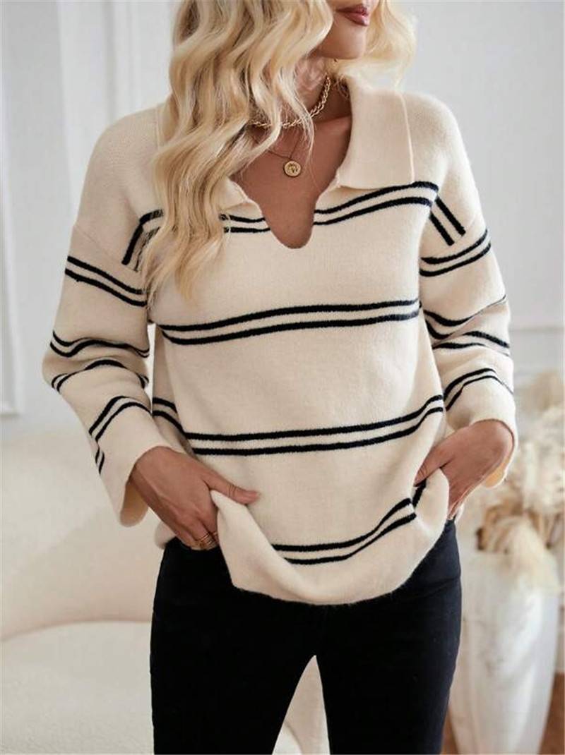 Women's Striped Polo Sweater – V-Neck, Contrast Trim, Long Sleeve (White/Black/Apricot/Red, S-L)_ecoleips.com
