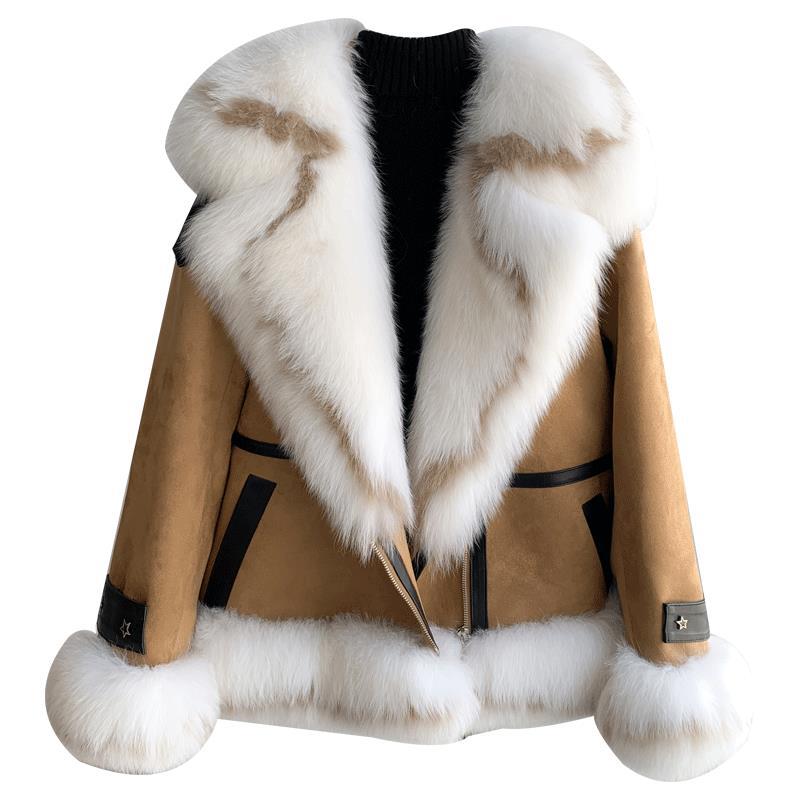 Fox Fur Jacket Women's Big Fur Collar Down Parka Suede