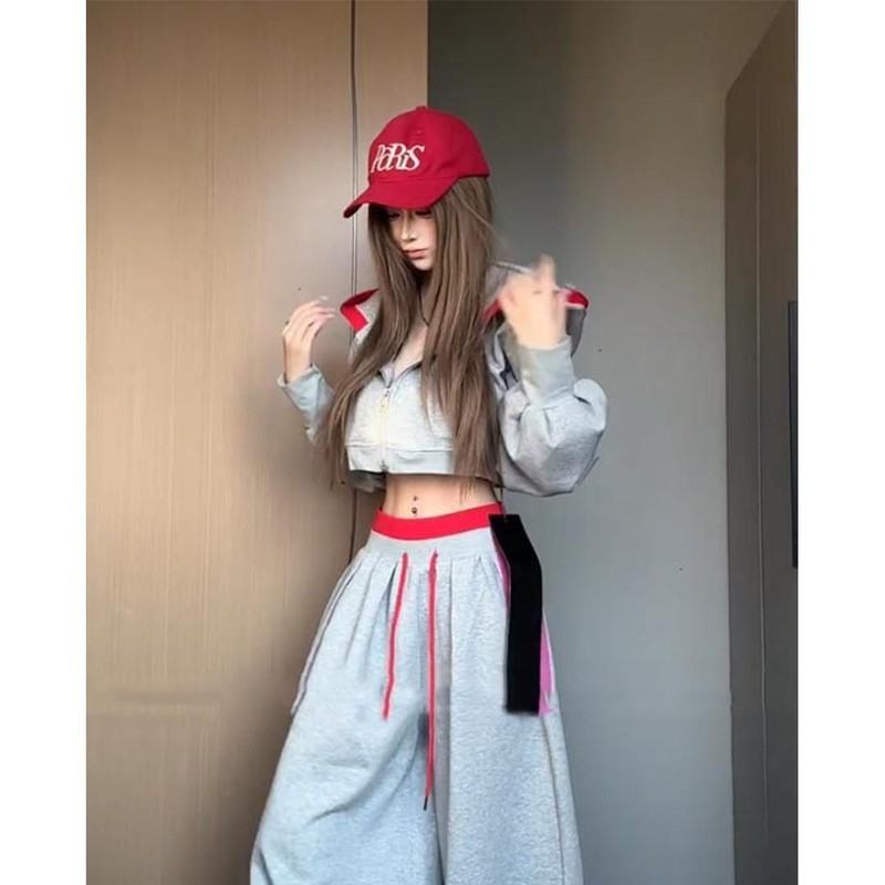 美式辣妹风高级卫衣连帽睡衣女早秋新款松弛感拼接休闲家居服套装|undefined
