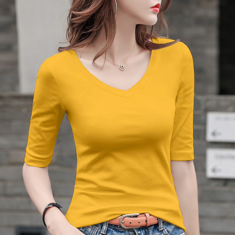 女性用ミッドスリーブTシャツVネック2025新作七分袖トップスとファッショナブルな七分袖ボトムシャツ|undefined