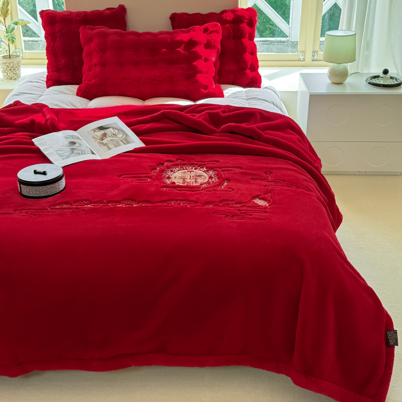 하이 엔드 밍크 모피 담요 모피 토끼 모피 퀼트 겨울 더블 자수 담요 레드 웨딩 선물