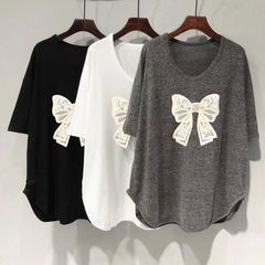 ファットmm 150kg 新しい夏の女性用半袖Tシャツ、ゆったりとした大きいサイズ、ミドル丈のUネック韓国風痩身お腹カバートップ