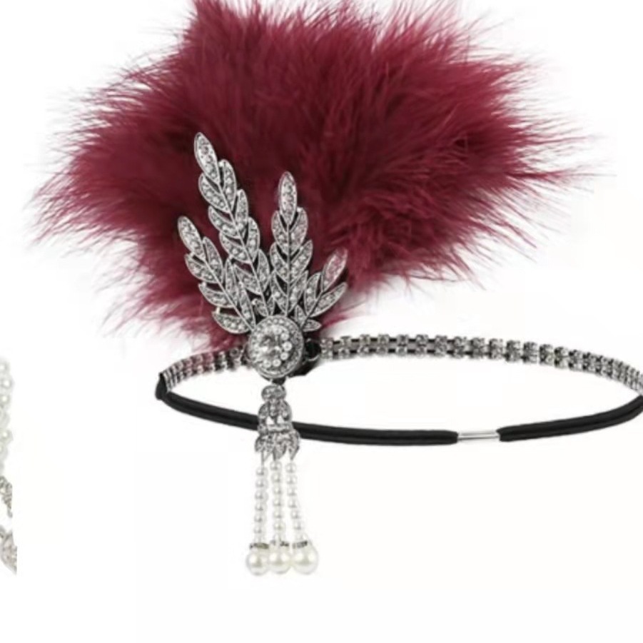 1960s Gatsby Venta caliente retro danza diadema negro avestruz pluma banda de pelo perla rhinestone tocado club nocturno