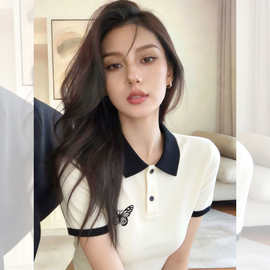 2026夏季新款白色蝴蝶polo领短袖t恤女新款不撞款上衣小衫女13034