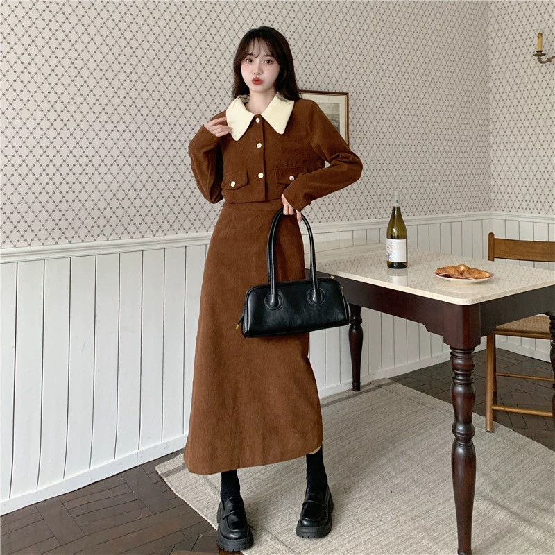 Вельветовый комплект из двух предметов, Осень-зима, новый высококачественный, снижающий возраст, темперамент, пальто в стиле Шанель, юбка средней длины, костюм