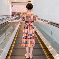 夏季女童純棉方格碎花連衣裙全棉飛袖荷葉袖中大童小學生網紅洋氣