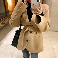现货  洋气纯色翻领系腰带两穿拼接西服外套