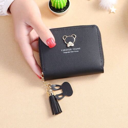  Japanese and Korean version tassel small wallet women's short cute bear zipper student coin purse mini small bag card holder