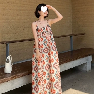 2026夏季波西米亚风吊带连衣裙民族风印花宽松显瘦长款度假沙滩裙